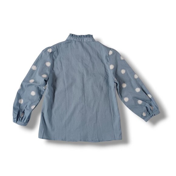 Simplee Womens Top Light Blue Mock Neck Puff Sleeve Folk Blouse Shirt Size XS - Picture 2 of 7